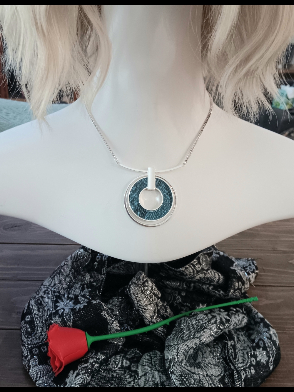 Silver Necklace with Blue Reptile Textured Circle Pendant